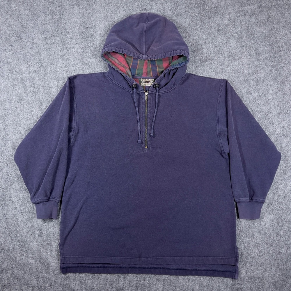 Vintage County Seat Quarter Zip Hoodie Mens M Blue Plaid Lined Faded Pullover